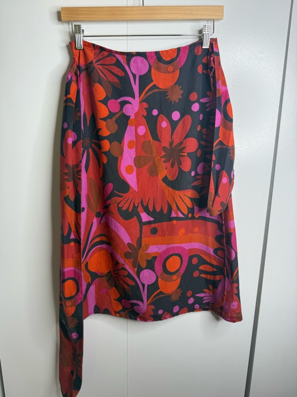 Lesley Evers Colorful Floral Red Orange Tencel Linen Wrap Knee Length Skirt S - Picture 4 of 8